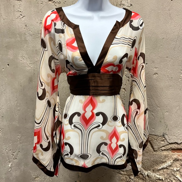bebe Tops - Bebe Vintage Y2K Silk Pattern Fairy Bohemian Babydoll Long Sleeve Blouse Medium